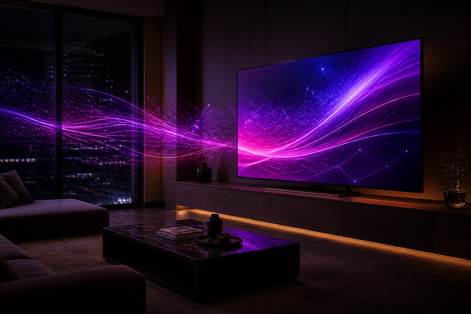 Sala moderna com televisão e ambiente preparado para IPTV