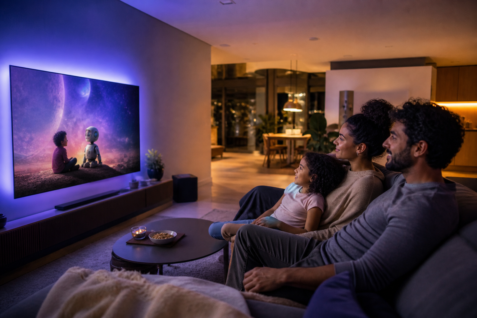 Família assistindo televisão em sala moderna